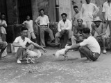Group of Filipino Men About To Release Two Roosters For Cockfight, Near Manila