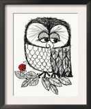 Retro Black and White Owl with Ladybug