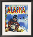 Alaska, View of a Native Child Holding a Puppy, Totem Pole and Penguins