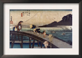 Travelers Crossing a Bridge on a Windy Day, Japanese Wood-Cut Print