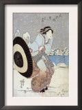 Night Snow Scene at Motonoyanagi Bridge, Japanese Wood-Cut Print