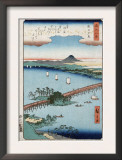 Long Bridge and Boats on a River, Japanese Wood-Cut Print