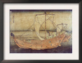 Sailing off of Kazusa, Japanese Wood-Cut Print
