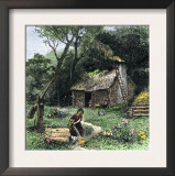 Pioneer Woman Getting Water from a Well Near Her Log Cabin, Carolina