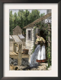 Woman in Cottage Doorway Emptying a Slop Bucket Near a Well