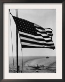 Airplane on Battleship Deck with American Flag in Foreground, World War II