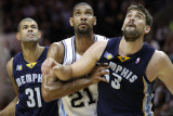 Memphis Grizzlies v San Antionio Spurs - Game Five, San Antonio, TX - APRIL 27: Tim Duncan, Shane B