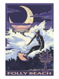 Buy Folly Beach, SC - Sufer with Palmetto Moon at AllPosters.com