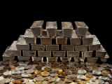 Stack of Sliver Ingots And Pile of Coins Photographic Print