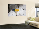Girl with Yellow Umbrella Walking in Snow and Forest, Jigokudani Monkey Park