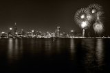 Buy Chicago Lakefront Skyline With Fireworks BW at AllPosters.com