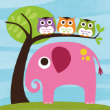 Elephant with Three Owls