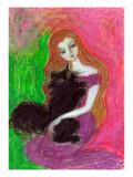 Maiden with Towhead That Embraces Black Cat Closely