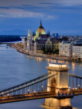 Hungary, Budapest, Parliament Buildings, Chain Bridge and River Danube