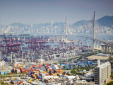 Stonecutters Bridge and Container Port with Hong Kong Island in Background, Hong Kong, China