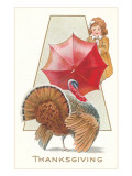 Girl Fending Off Turkey with Umbrella
