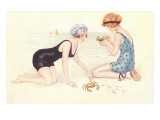 Women in Bathing Costumes Playing with Crabs