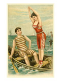 Woman in Bathing Costume Diving from Boat