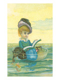Victorian Girl in Bowl with Dog and Cat
