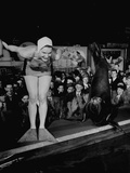 Swimmer Ann Curtis Preparing to Dive into Water for Race Against Seal