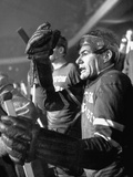 Coll. Hockey: Bu Jack Garrity Gesturing from Bench as His Teammate Scores Against Other Team
