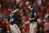 Brewers v St. Louis Cardinals - G. Four, St Louis, MO - Oct. 13: John Axford and Jonathan Lucroy