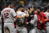 Cardinals v Brewers - Milwaukee, WI - Oct. 16: Lance Berkman, Albert Pujols and Yadier Molina