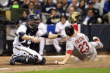 Cardinals v Milwaukee Brewers - G. Six, Milwaukee, WI - Oct. 16: David Freese and Jonathan Lucroy