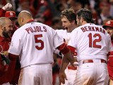 Rangers v Cardinals, St Louis, MO - Oct. 27: David Freese, Albert Pujols and Lance Berkman