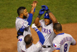 Rangers v Cardinals - Oct. 27: Adrian Beltre, Esteban German, Yorvit Torrealba and Elvis Andrus