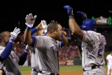 Rangers v Cardinals - Oct. 27: Adrian Beltre, Esteban German, Yorvit Torrealba and Elvis Andrus