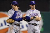 Game 7 - Rangers v Cardinals, St Louis, MO - October 28: Ian Kinsler and Michael Young