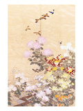 A Hanging of Gold Lame, Embroidered in Silks with Finches Perched Amongst Pink, Yellow and White…
