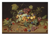 Buy Plums, Peaches and Grapes in a Basket with Carnations and Other Flowers in a Roemer, with... at AllPosters.com