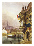 Buy A Figure Beside a Building, Ghent, with Barges on the River Leye Beyond at AllPosters.com