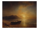 A Coastal Landscape with Arab Fishermen Launching a Boat at Sunset