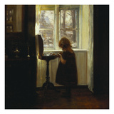 A Girl Standing by a Sewing Table