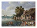 A River Landscape with Gentry at a Village Inn