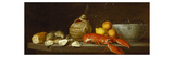 Bread, Oysters, a Chianti Flask, a Lobster, Lemons, Oranges and Glasses in a Porcelain Bowl on a…