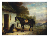 Mr Stuart's Favourite Hunter, Vagabond and His Flatcoated Retriever, Nell by a Cottage Door