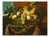Buy Grapes, Peaches, Plums, Pears and a Melon in a Basket with a Parakeet, a Red Squirrel and a... at AllPosters.com