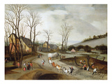 An Extensive Winter Landscape with a Wagon, Peasants at Work Pollarding and Other Peasants on a…