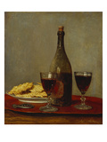 A Still Life of Two Glasses of Red Wine, a Bottle of Wine, a Corkscrew and a Plate of Biscuits on…