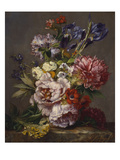 Buy Irises, Peonies and Other Flowers in a Vase on a Ledge at AllPosters.com