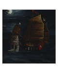A Chinese Junk in a Stiff Breeze Off a Rocky Island by Moonlight