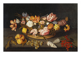 Buy Tulips, Roses, an Iris, Fritillary and Other Flowers in a Basket, with Shells, a Bunch of Grapes... at AllPosters.com