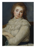 Portrait of a Lady Wearing a White Dress Tied with a Blue Sash on a Sofa