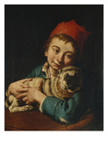 A Boy, Half Length, in a Blue Jacket and a Red Hat, Holding a Pug on a Cushion