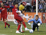 Sandy, UT March 26 - A.J. DeLaGarza, Javier Morales and Josh Saunders