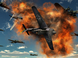World War II Aerial Combat Between American P-51 Mustang and German Focke-Wulf 190 Fighter Planes